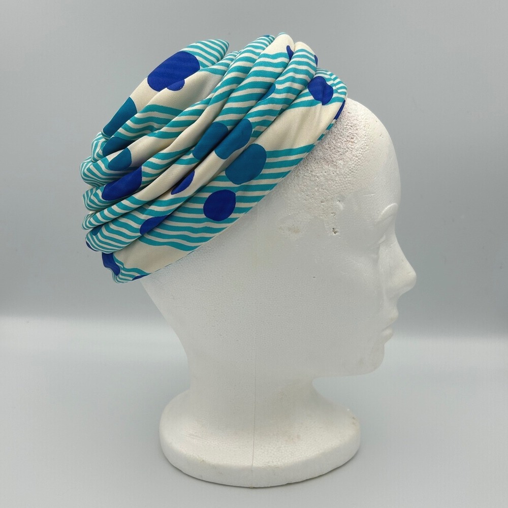 Vintage Jo Bailey Hats Teal Striped Blue Polka Dot Headpiece Statement Hat